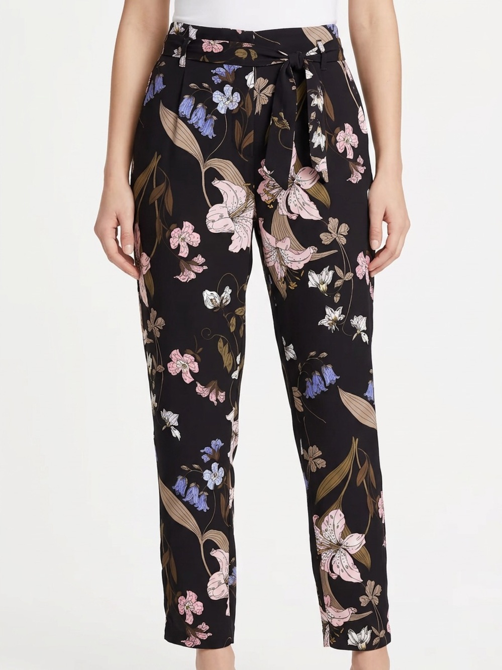 New York & Company Black Floral Tie-Waist Straight Leg Pants